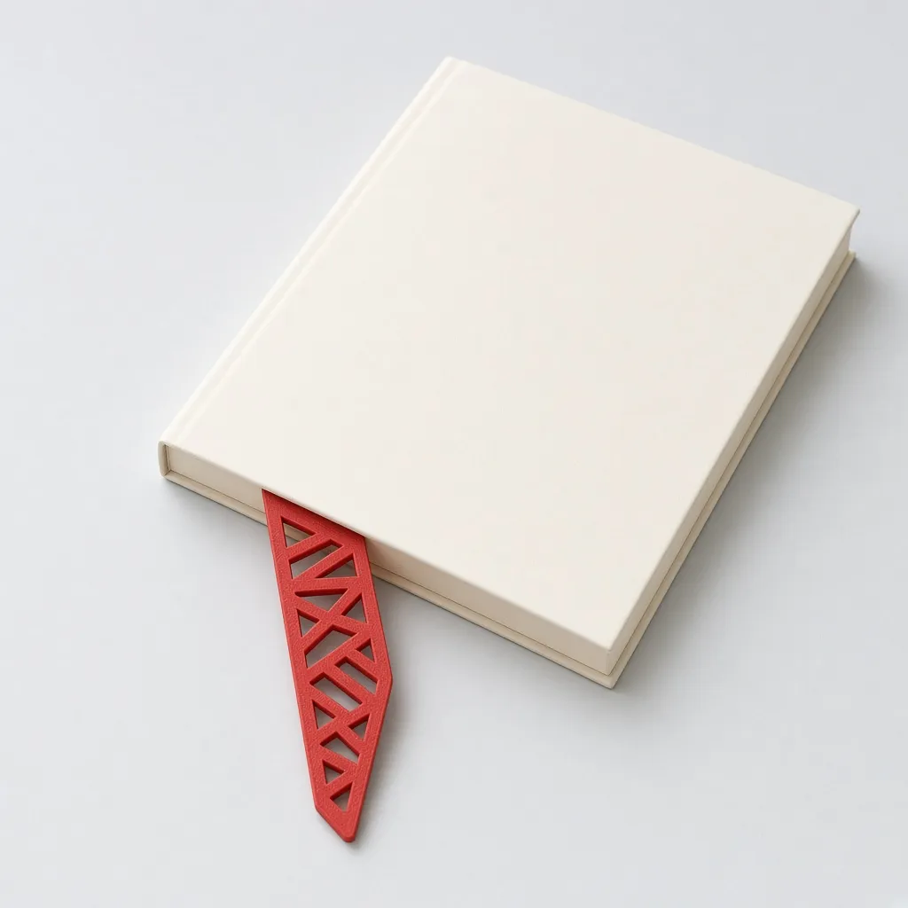 Marcador de página vermelho, vazado em triângulos, dentro de um livro