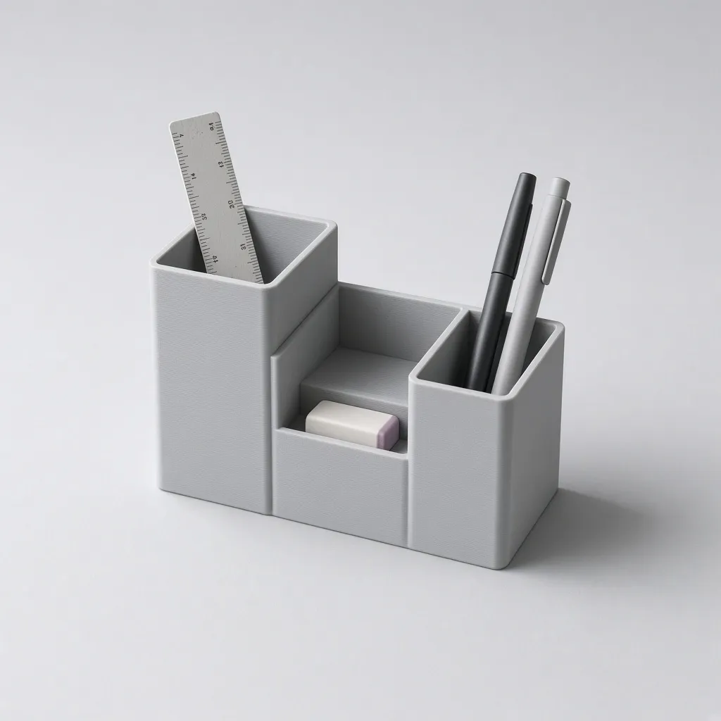 Organizador de mesa cinza com três compartimentos